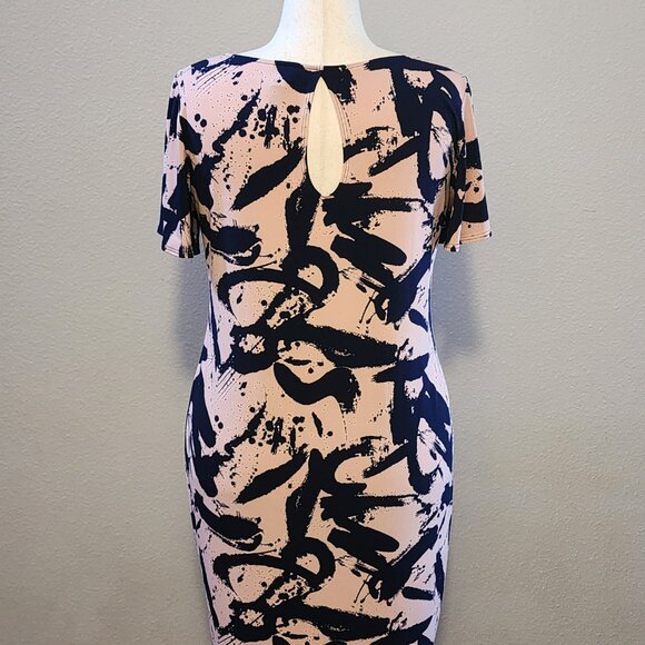 Clara Sun Woo Back Keyhole Dress, Coral and Navy Splash Stroke Pattern, Large - Picture 3 of 5